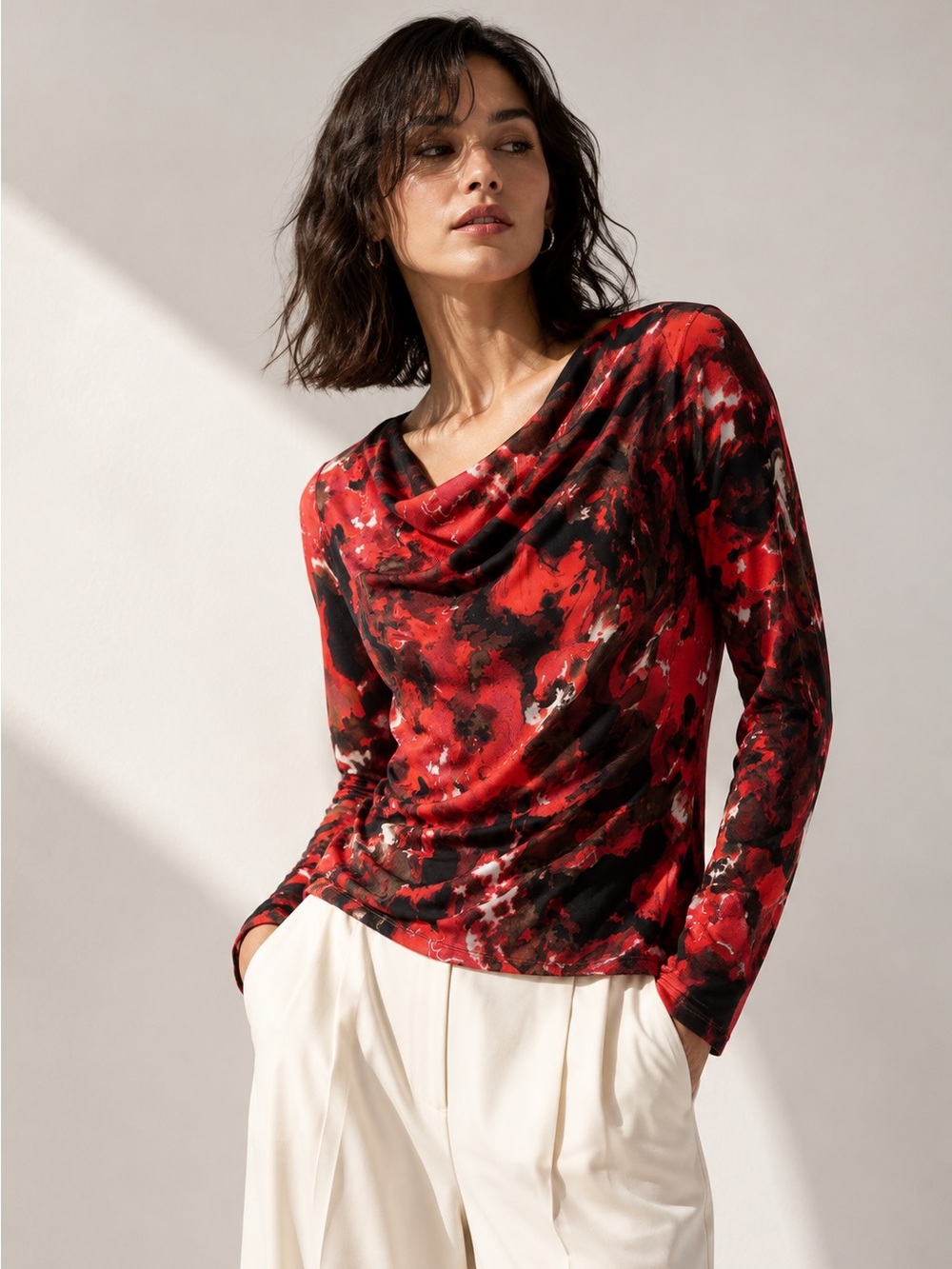 Vivienne Tam Early 2000s Abstract Print Cowl Neck Top | Red Black
